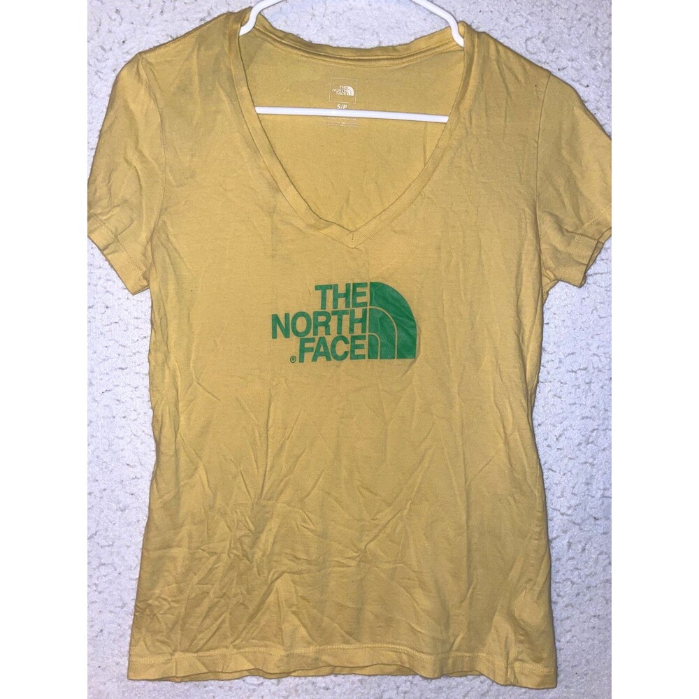 The North Face T-Shirt Womens sz S Yellow Athletic V-neck Short Sleeve Organic